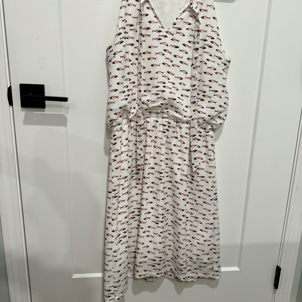White Sleeveless Dress with Fish Print